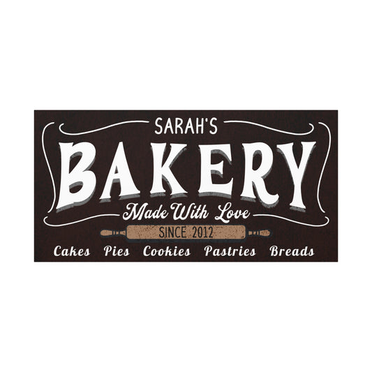 Rustic black textured bakery sign with customized name year items decorative for bakery and kitchen front view