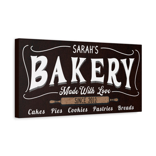 Rustic black textured bakery sign with customized name year items decorative for bakery and kitchen side view