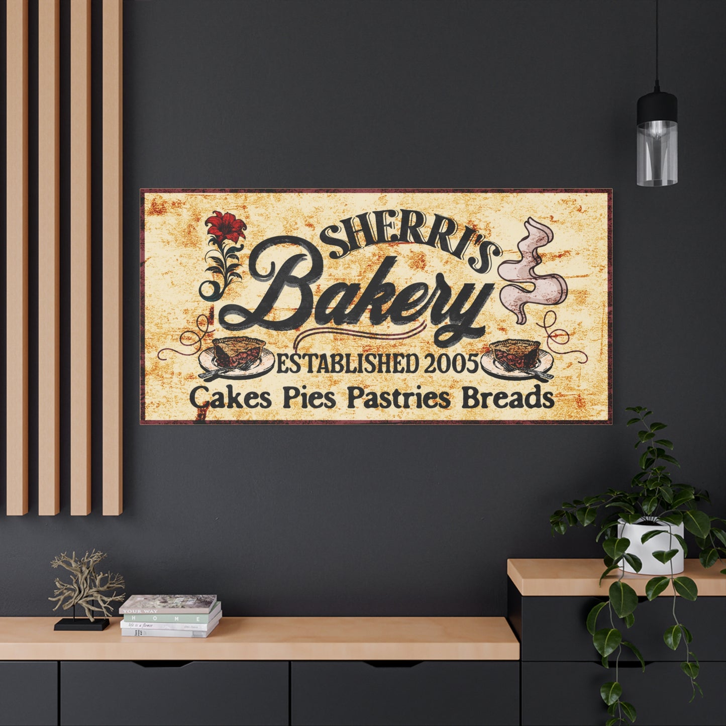 Yellow textured rustic customized bakery sign with illustrations