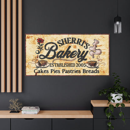 Yellow textured rustic customized bakery sign with illustrations