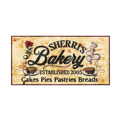 Yellow textured rustic customized bakery sign with illustrations front view
