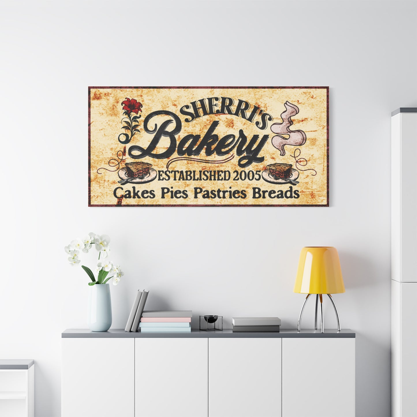 Yellow textured rustic customized bakery sign with illustrations 