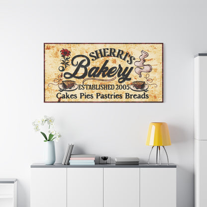 Yellow textured rustic customized bakery sign with illustrations 