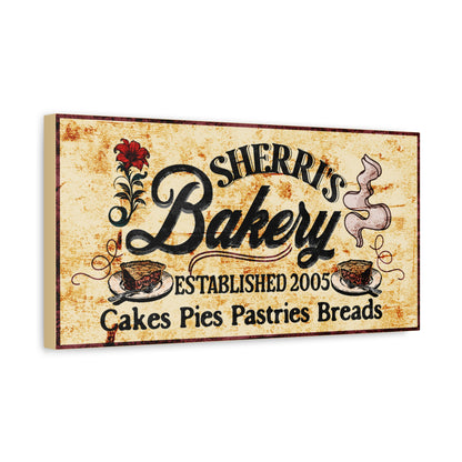 Yellow textured rustic customized bakery sign with illustrations side view