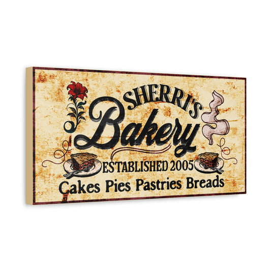 Yellow textured rustic customized bakery sign with illustrations side view